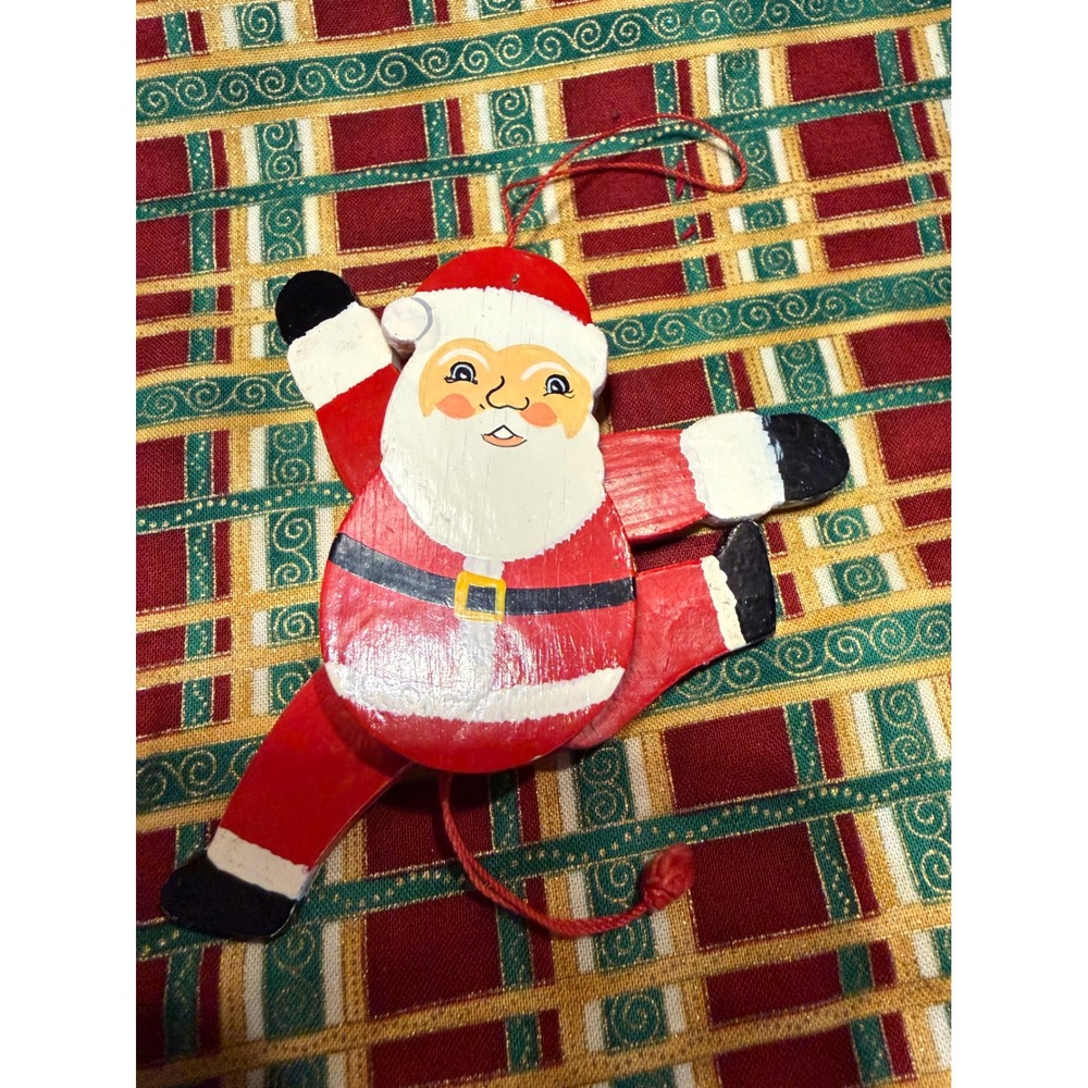 Vintage Wooden Santa Claus Jumping Jack Pull String Ornament Hand Painted Toy